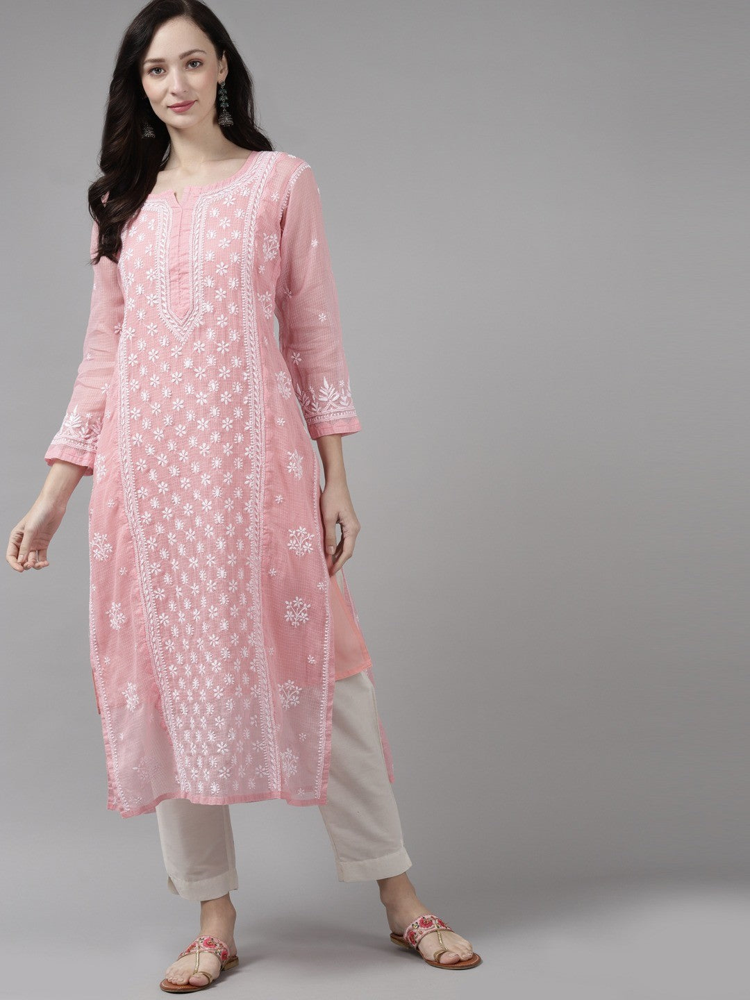 Ada Hand Embroidered Peach  Kota Lucknow Chikankari Kurta With Slip-A411308