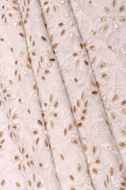 Ada Hand Embroidered White Georgette Lucknowi Chikan Unstitched Suit Piece with Gota Patti Work A428256