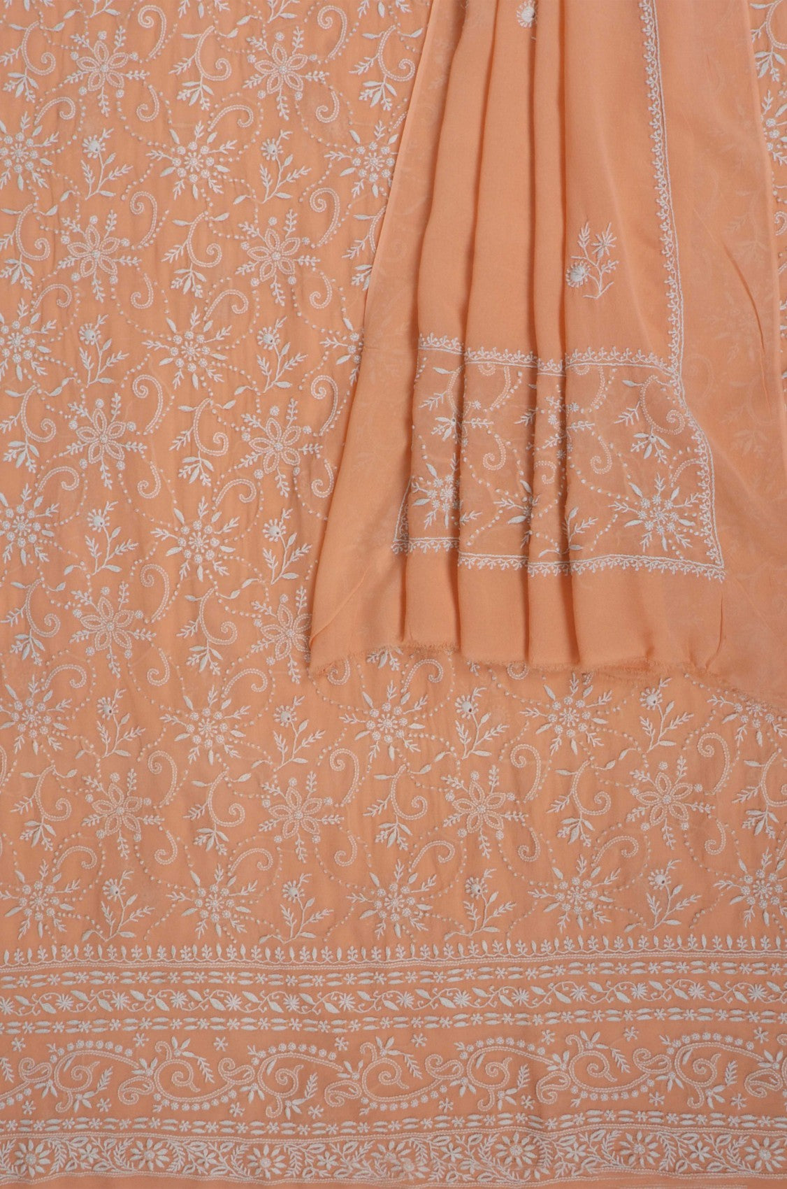 Ada Hand Embroidered Peach Pure Georgette Lucknowi Chikankari Unstitched Kurta Dupatta Set A460730