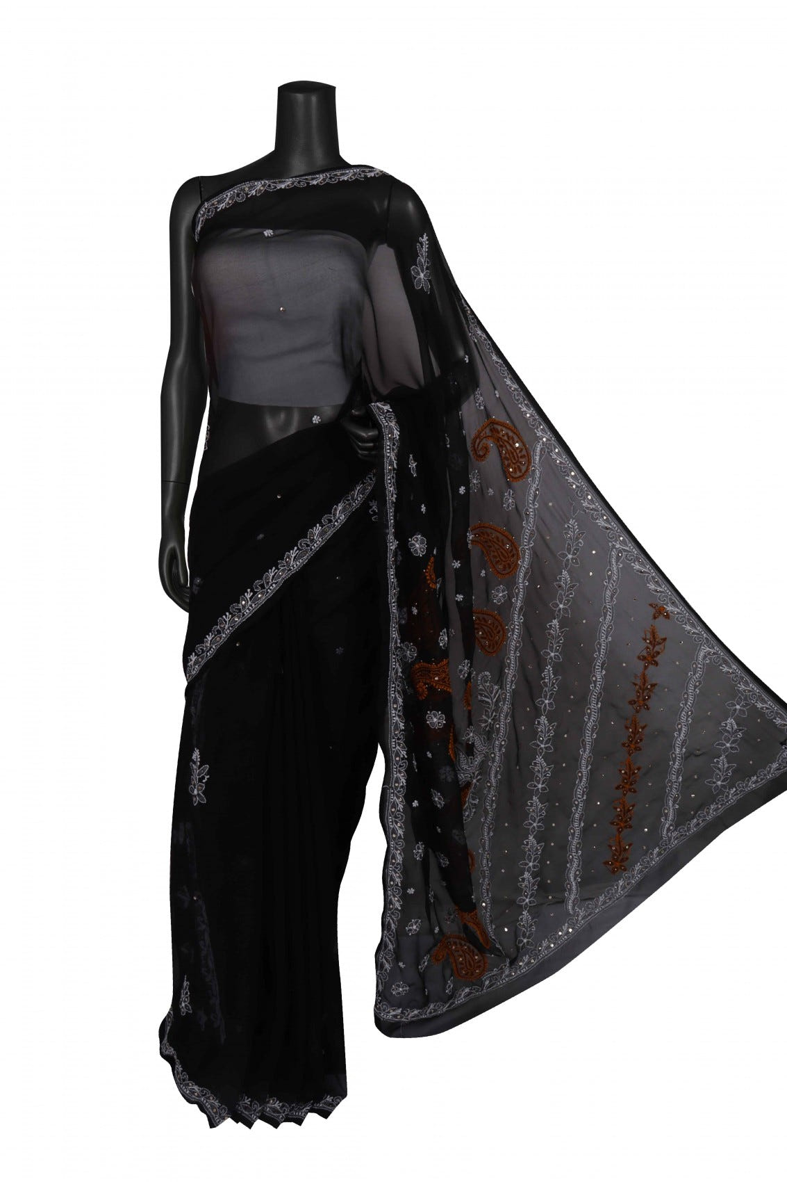 Ada Hand Embroidered Black Georgette Lucknowi Chikankari Saree/Blouse With Muqaish Work A204201