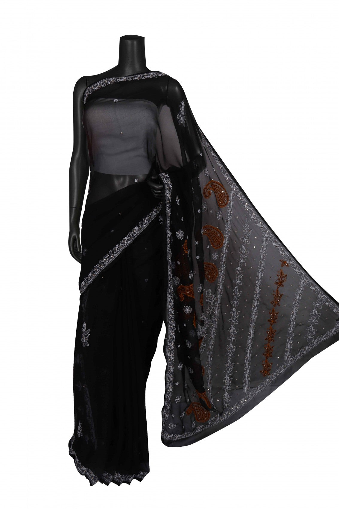 Ada Hand Embroidered Black Georgette Lucknowi Chikankari Saree/Blouse With Muqaish Work A204201