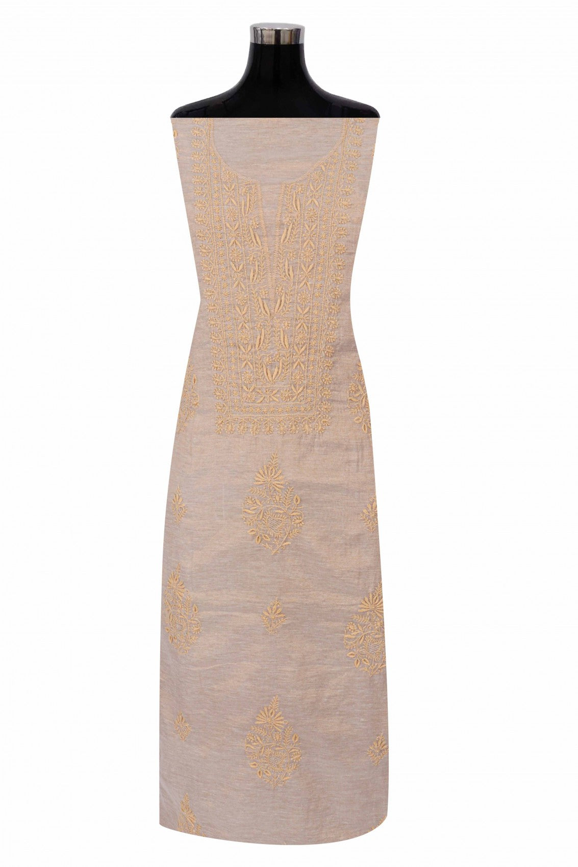 Ada Hand Embroidered Natural Fawn Tissue Lucknowi Chikankari Unstitched Kurta Dupatta Set 01A138184