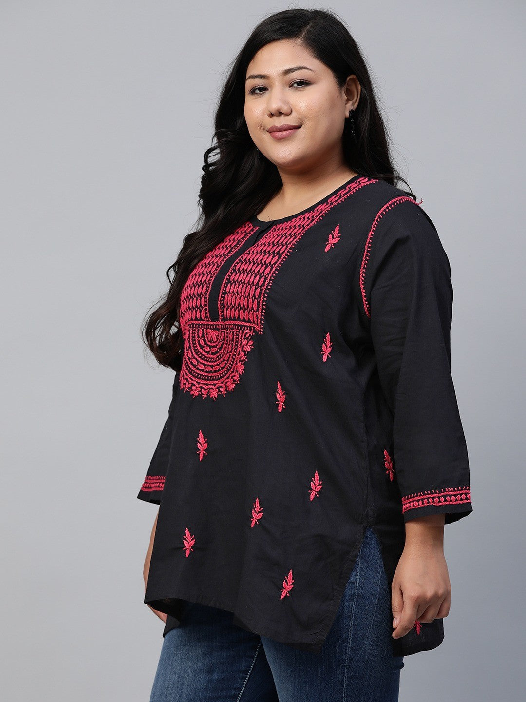 Ada Hand Embroidered Black Cotton Lucknowi Chikankari Straight Kurti A100387