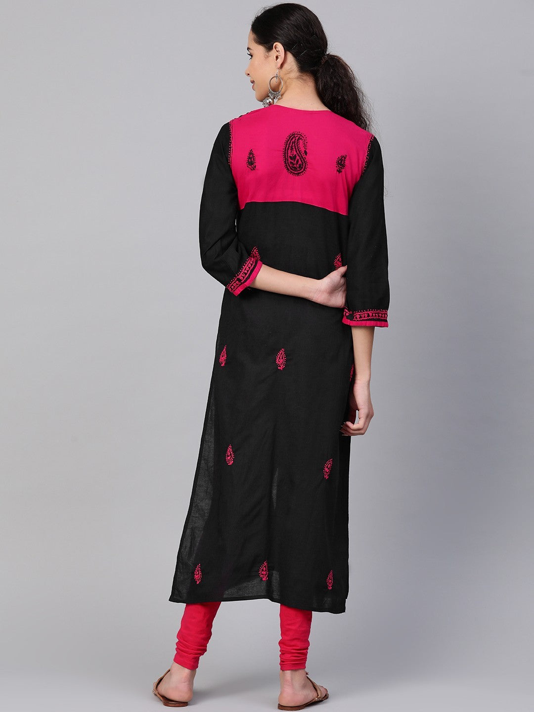 Ada Hand Embroidered Black Cotton Lucknowi Chikankari Straight Kurta A100375