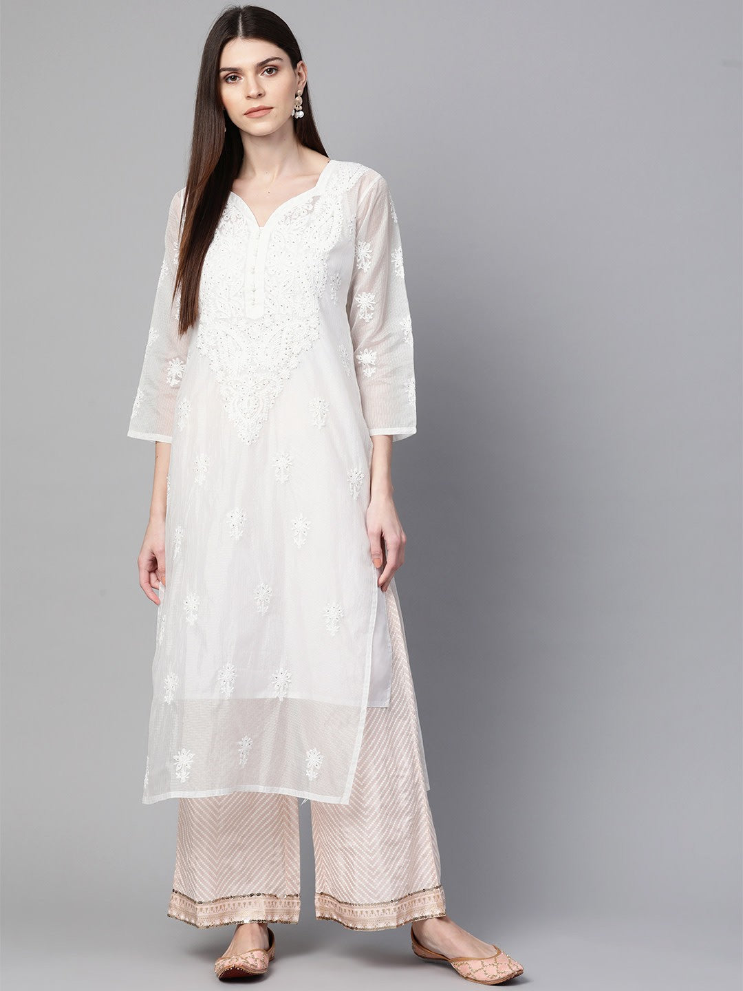 Ada Hand Embroidered White Kota Lucknowi Chikankari Straight Kurta/Slip With Muqaish Work A100412