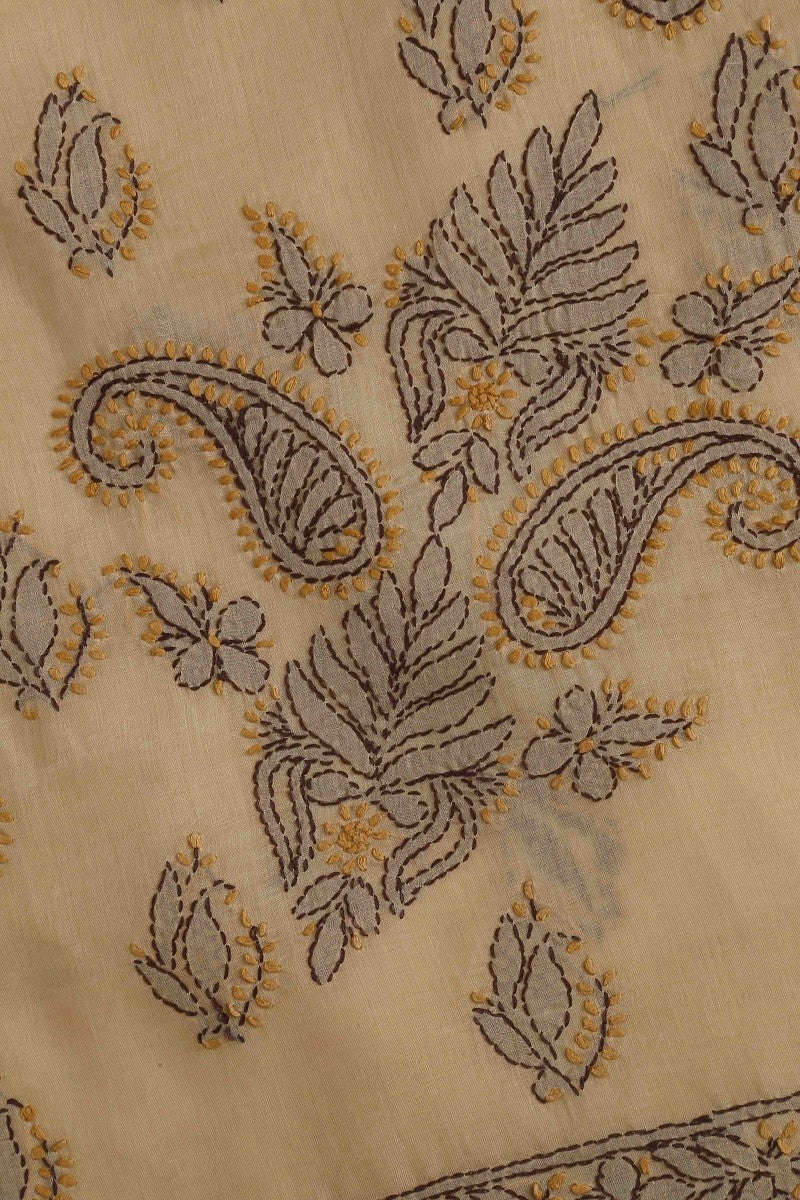 Ada Hand Embroidered Fawn Cotton Lucknowi Chikan Unstitched Suit Piece–A100153