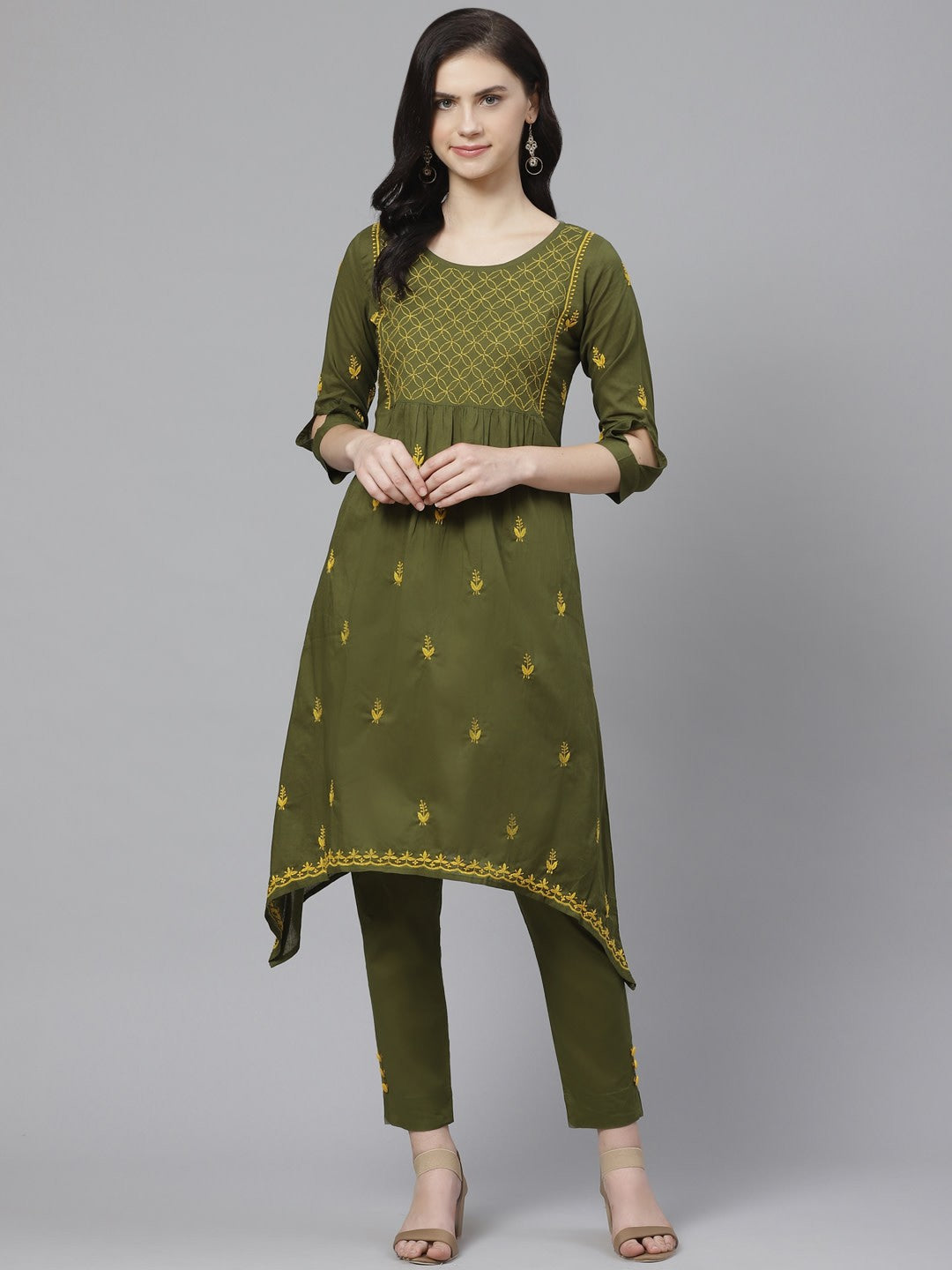 Ada Hand Embroidered Green Cotton Lucknowi Chikankari A-Line Kurta With Trouser A100337
