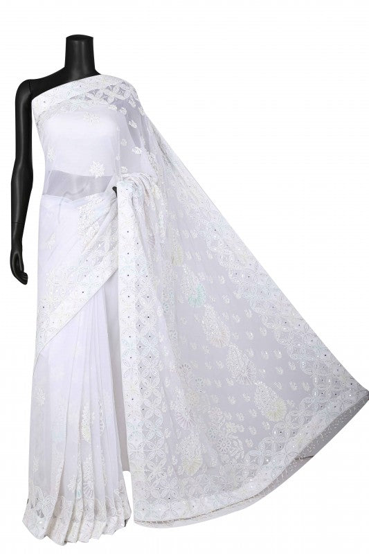 Ada Hand Embroidered White Georgette Lucknowi Chikankari Saree/Blouse with Sequinned Work A260377