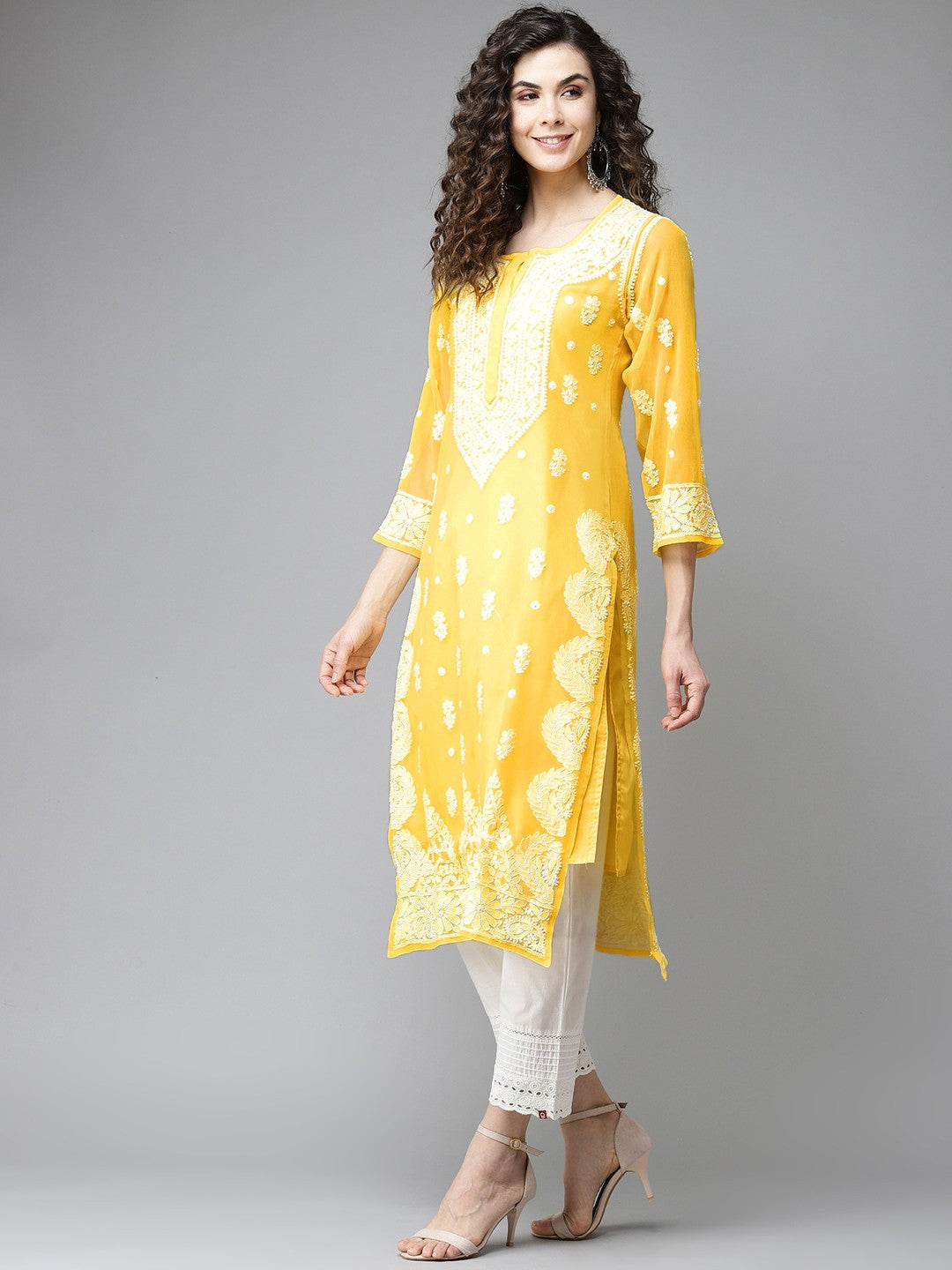 Ada Hand Embroidered Yellow Georgette Lucknowi Chikankari Straight Kurta With Slip A411195