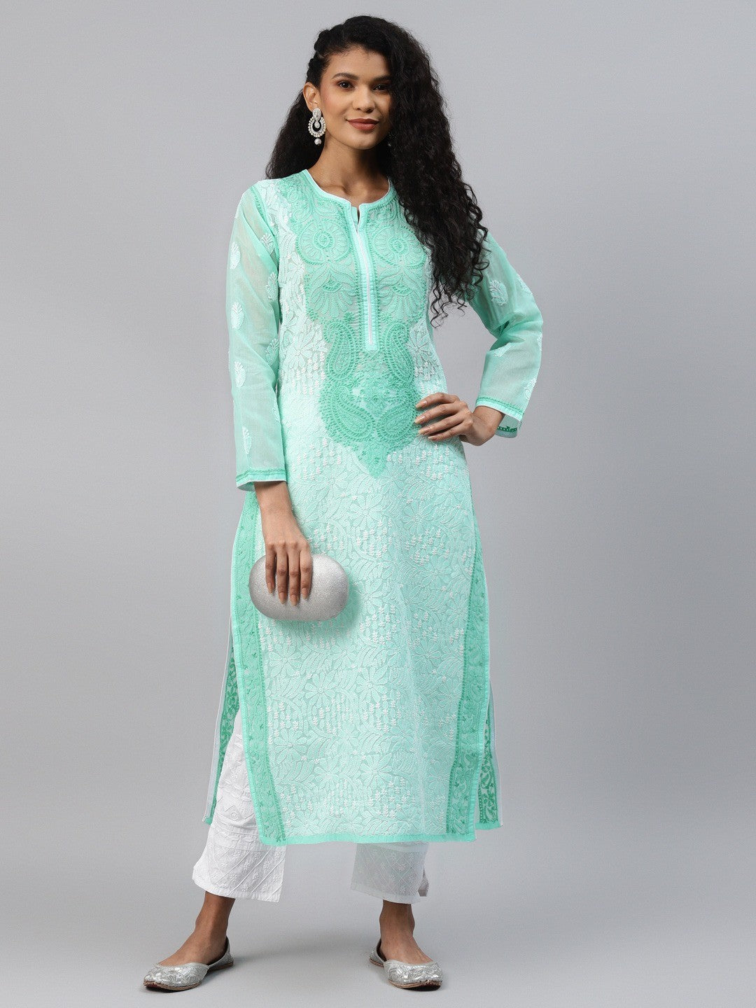 Ada Hand Embroidered Sea Green Cotton Lucknowi Chikankari Straight Kurta A254199