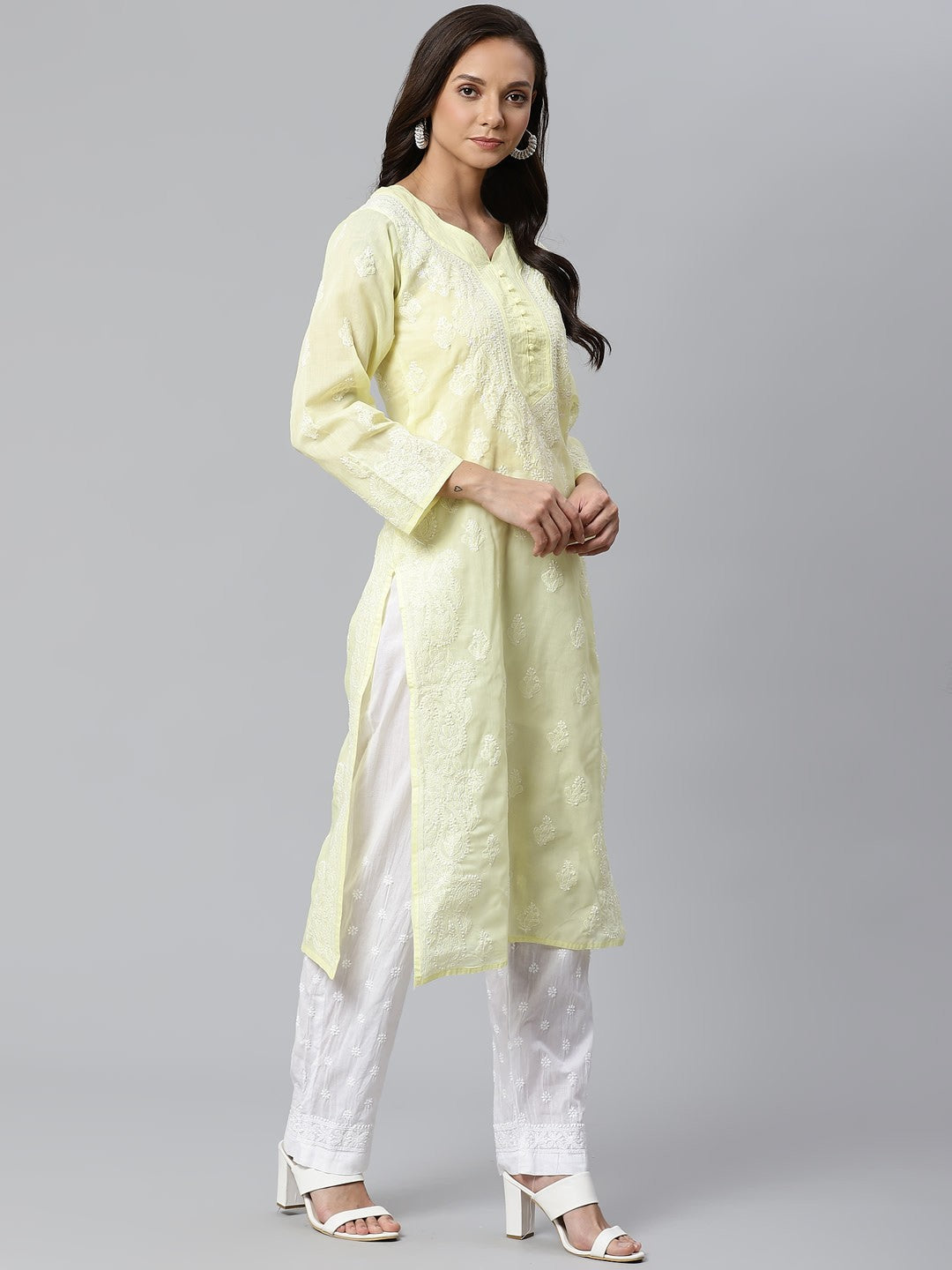 Ada Hand Embroidered Lemon Cotton Lucknowi Chikankari Kurta with Trouser Set A100396