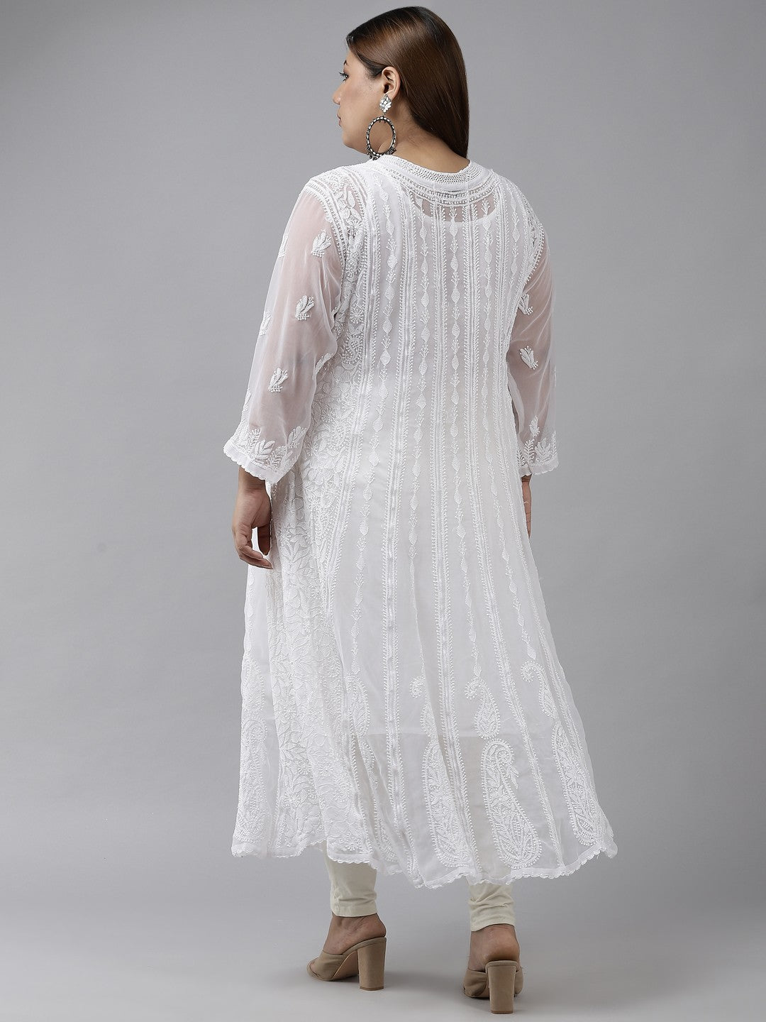 Ada Hand Embroidered White Georgette Lucknowi Chikankari Anarkali A-line Kurta A411205