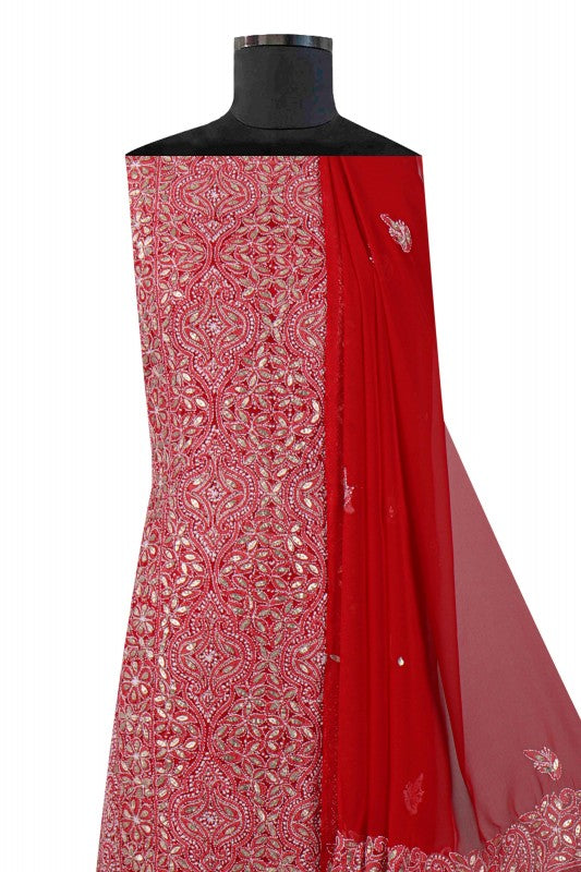 Ada Hand Embroidered Red Georgette Lucknowi Chikan Unstitched Suit Piece with Gota Patti Work A340194