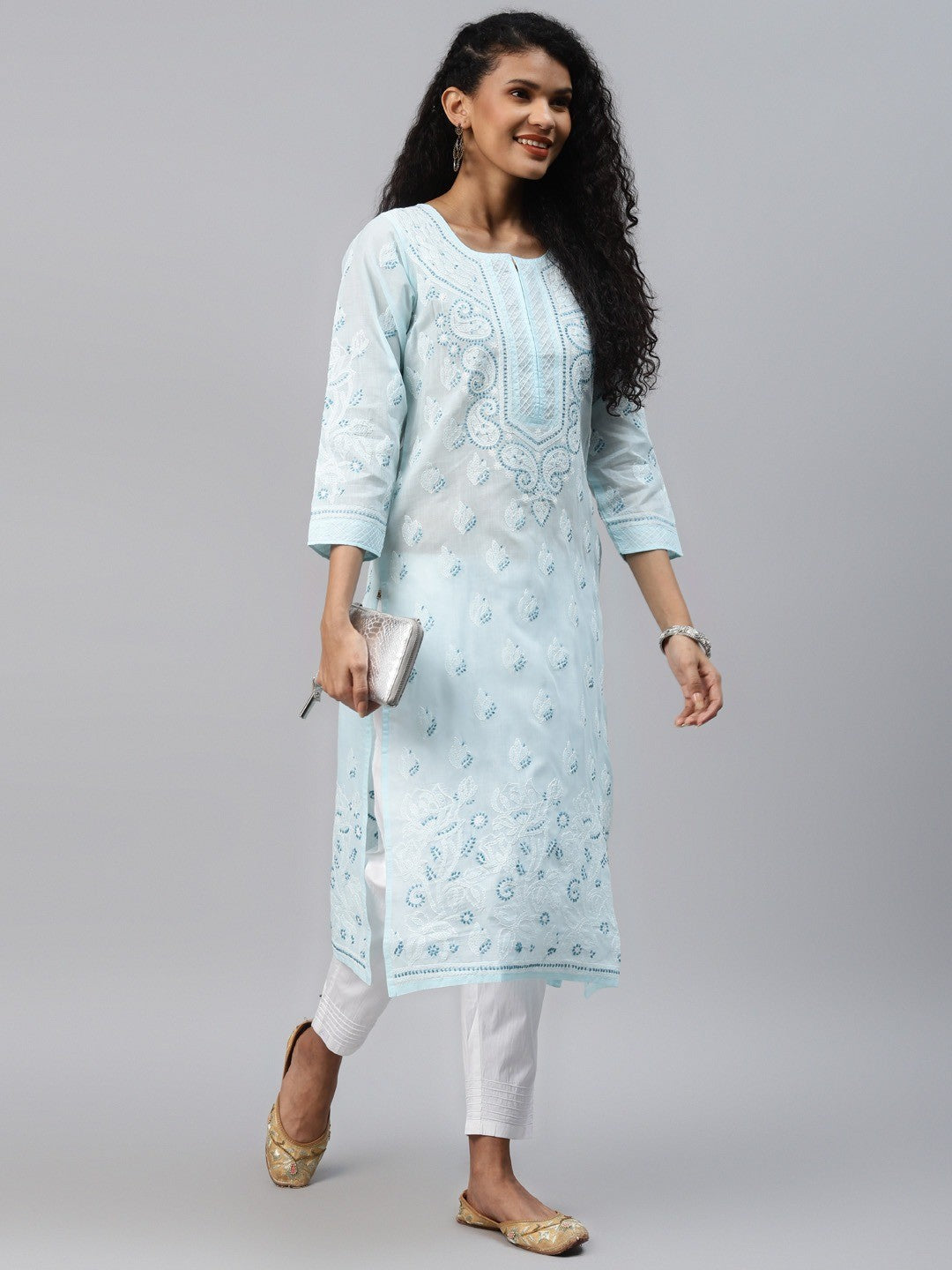 Ada Hand Embroidered Blue Cotton Lucknowi Chikankari Straight Kurta Set A811201