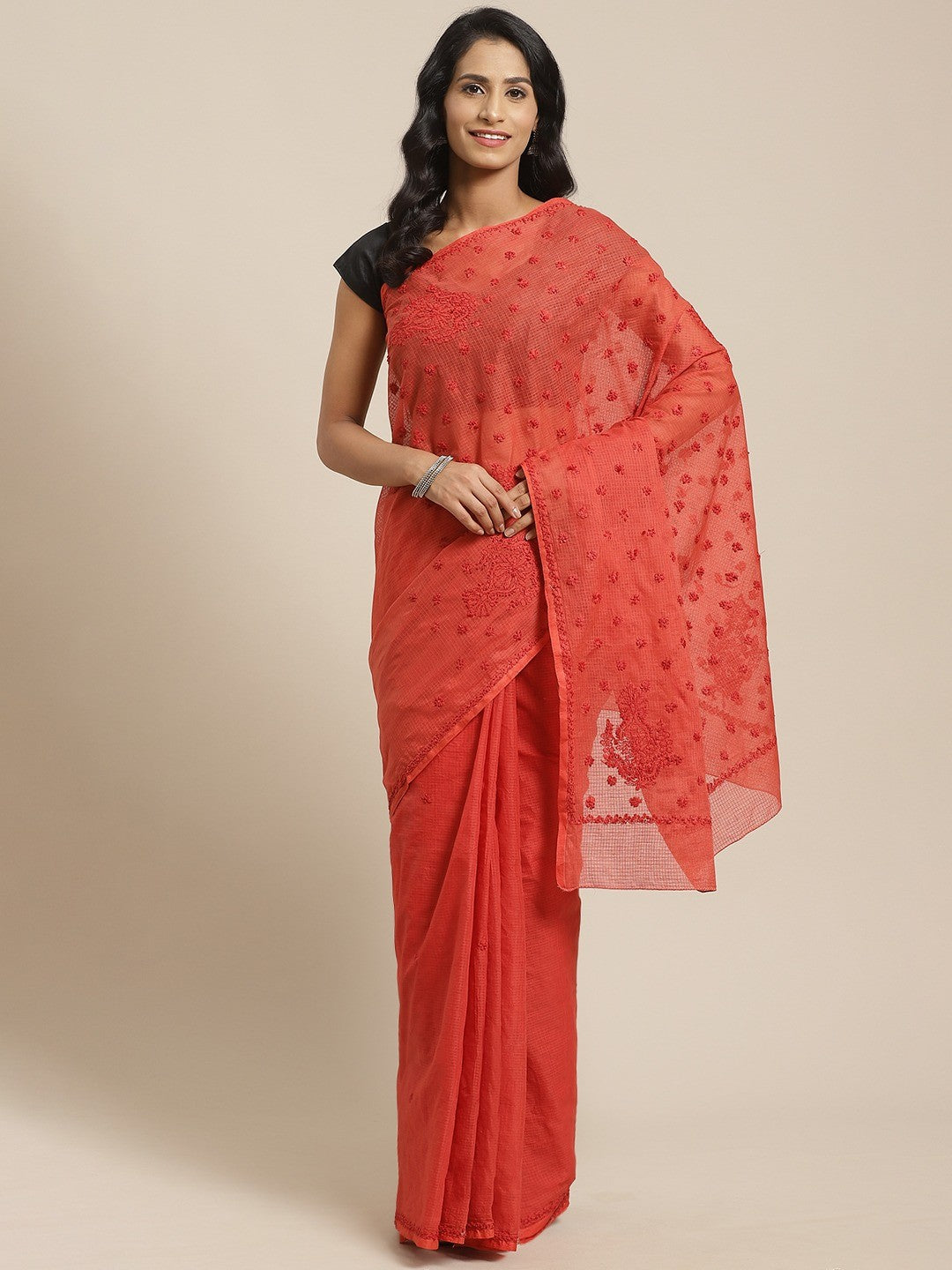 Ada Hand Embroidered Rust Kota Lucknow Chikan Saree With Blouse- A311122