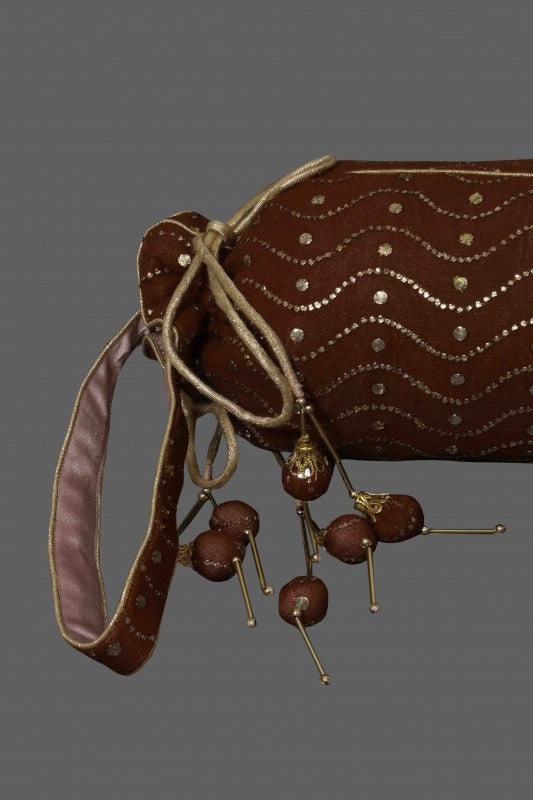 Ada Hand Embroidered Chocolate Brown Pure Georgette Lucknowi Chikankari Potli Bag With Muqaish Work 01A46610
