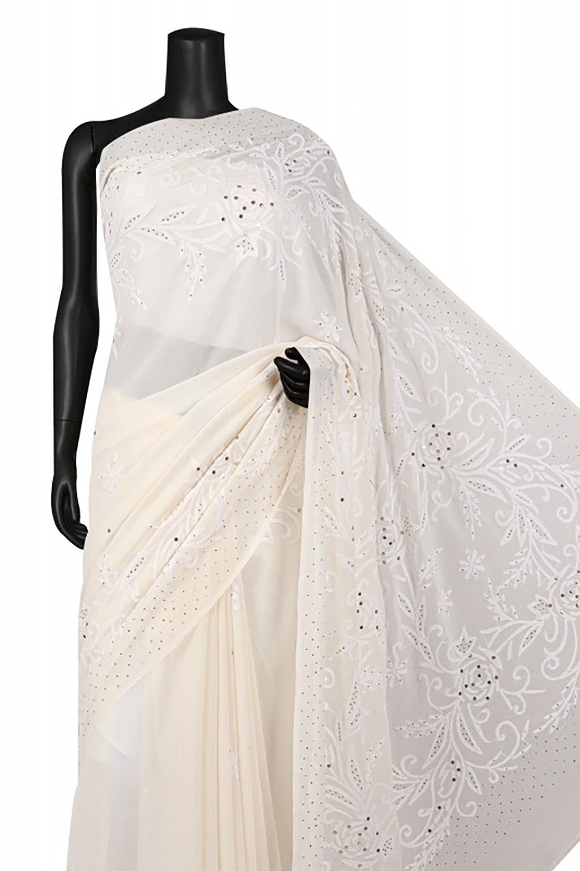 Ada Hand Embroidered Off White Pure Georgette Lucknowi Chikankari Saree/Blouse With Muqaish Work A623094