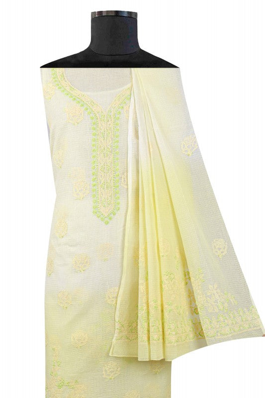 Ada Hand Embroidered Lemon Kota Lucknowi Chikan Unstitched Kurta Dupatta Set A596934