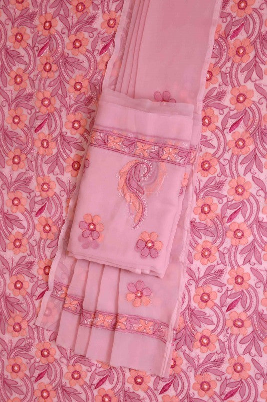 Ada Hand Embroidered Flamingo Pink Georgette Lucknowi Chikan Unstitched Suit Piece A630414