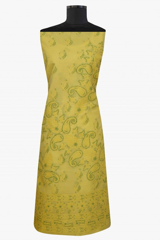 Ada Hand Embroidered Yellow Cotton Lucknowi Chikan Unstitched Suit Piece–A100156