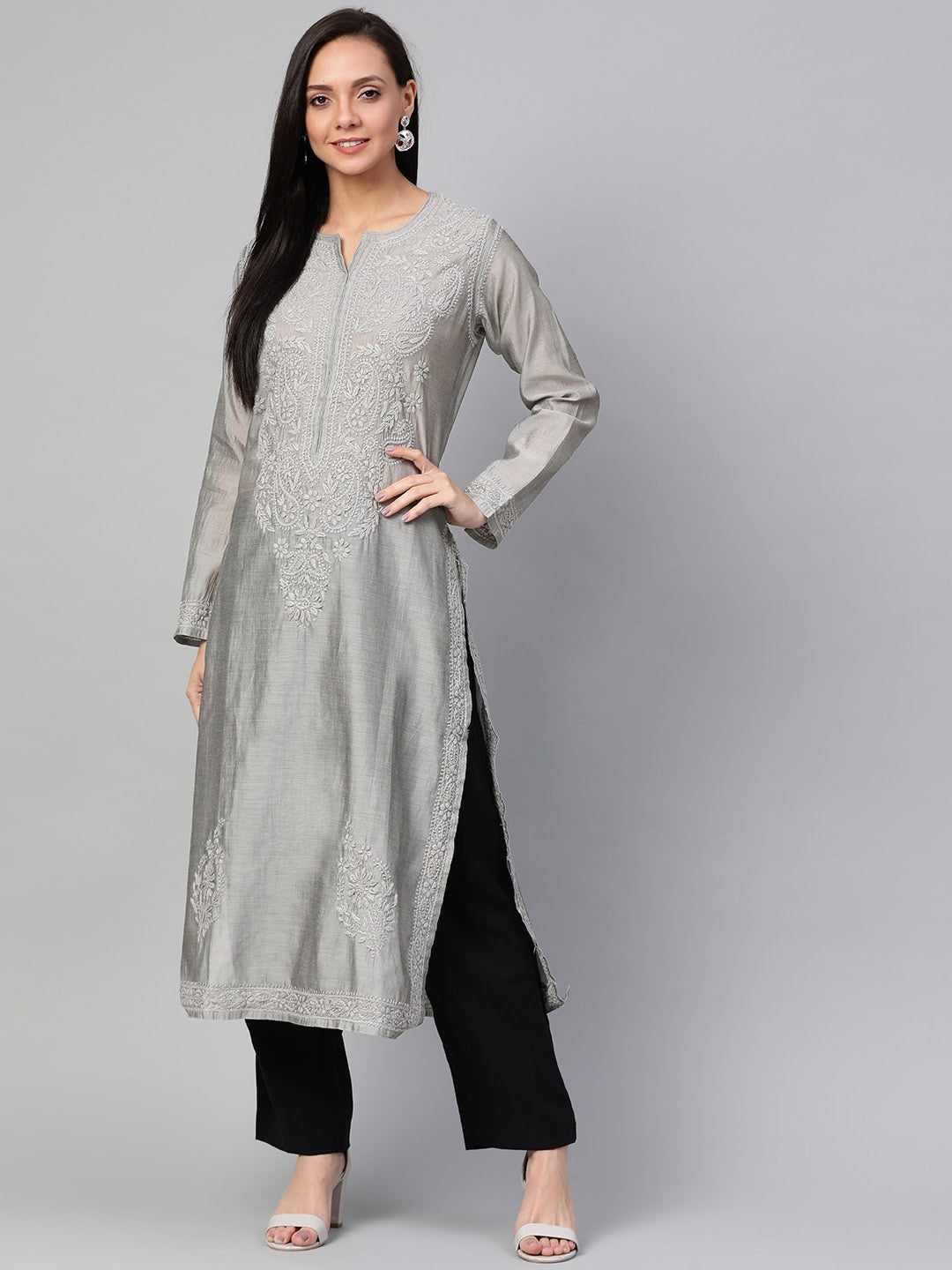 Ada Hand Embroidered Grey Chanderi Lucknowi Chikankari Straight Kurta - A100477