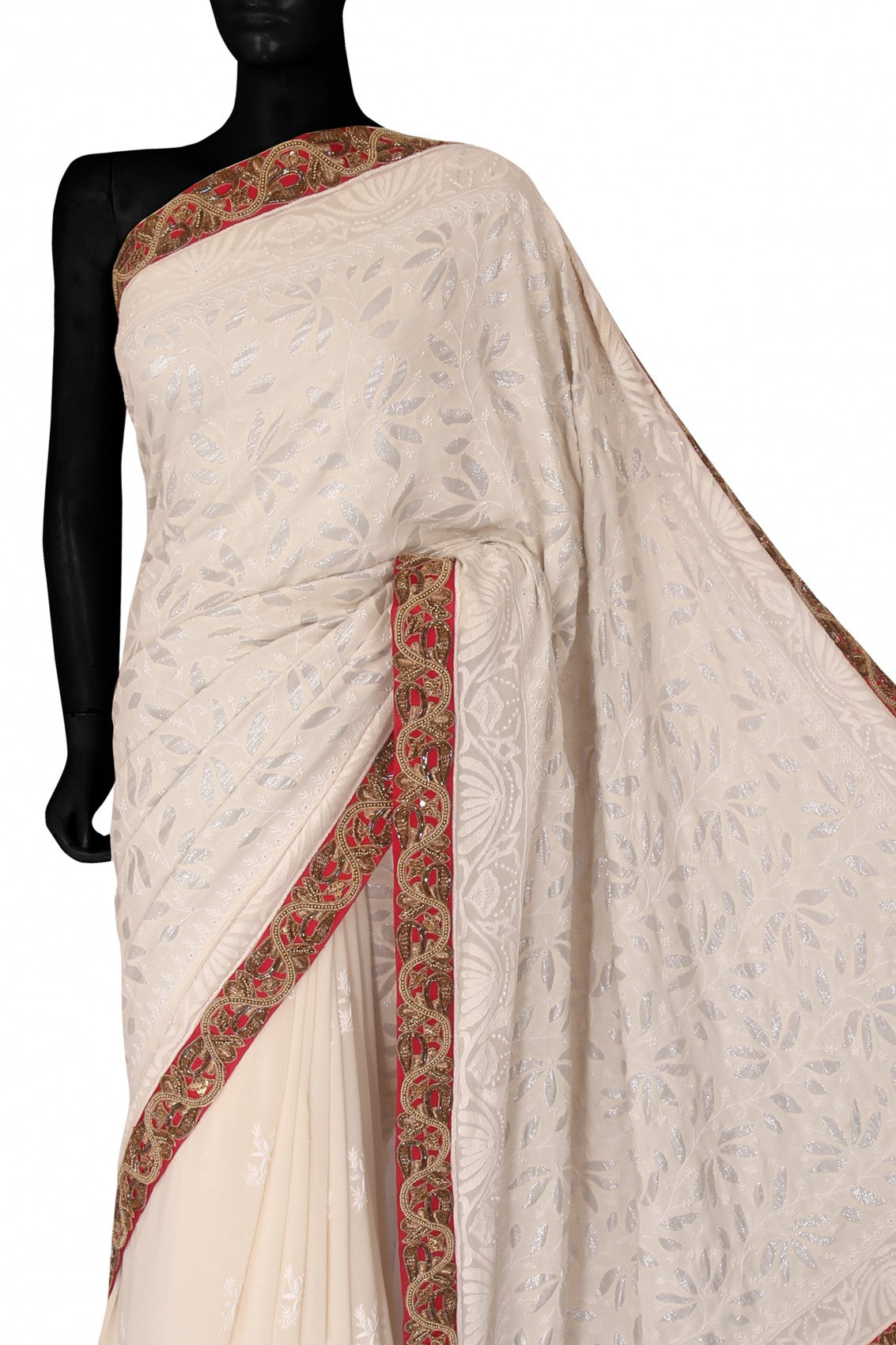 Ada Hand Embroidered Off White Pure Georgette Lucknow Chikankari Saree/Blouse With Zardozi Work A232145