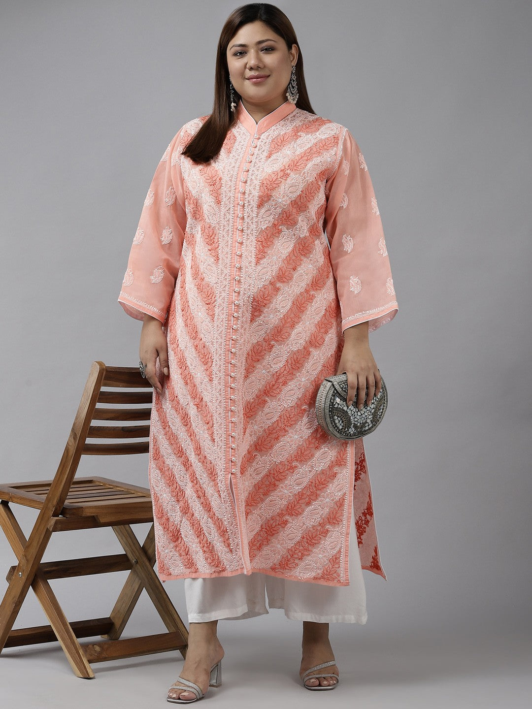 Ada Hand Embroidered Peach Cotton Lucknow Chikan Kurta A411321