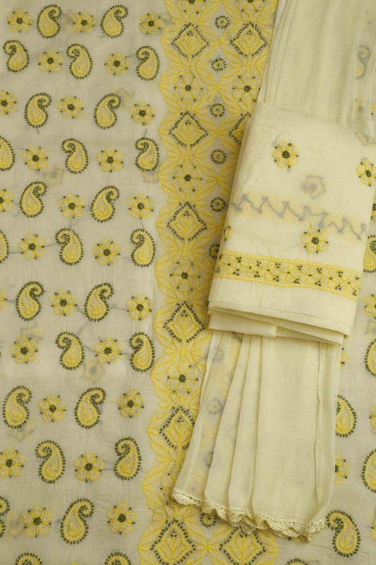 Ada Hand Embroidered Lemon Cotton Lucknowi Chikan Unstitched Suit Piece–A100168
