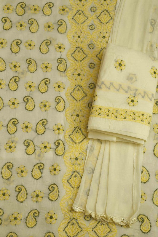 Ada Hand Embroidered Lemon Cotton Lucknowi Chikan Unstitched Suit Piece–A100168