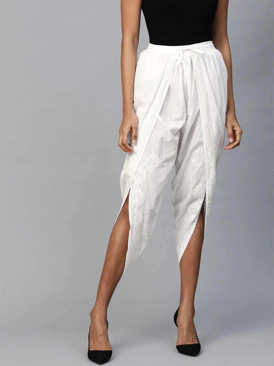 Ada Hand Embroidered White Cotton Lucknowi Chikankari Dhoti A100383_1
