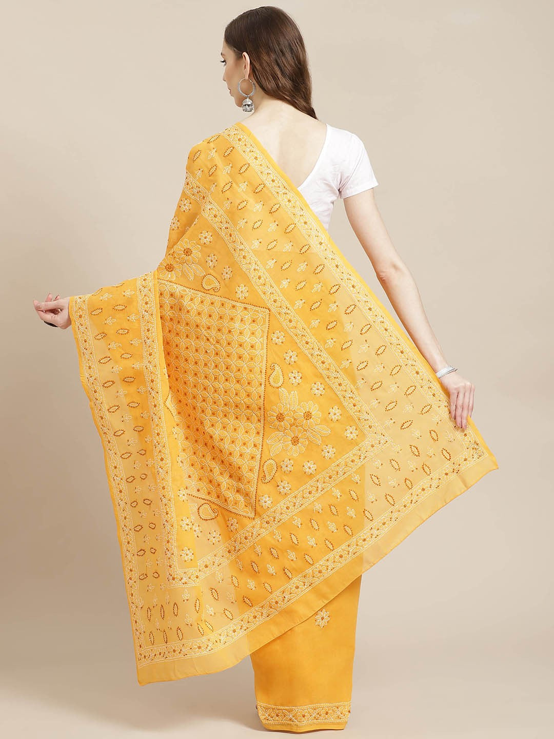 Ada Hand Embroidered Mustard Cotton Lucknow Chikan Saree With Blouse-A311217