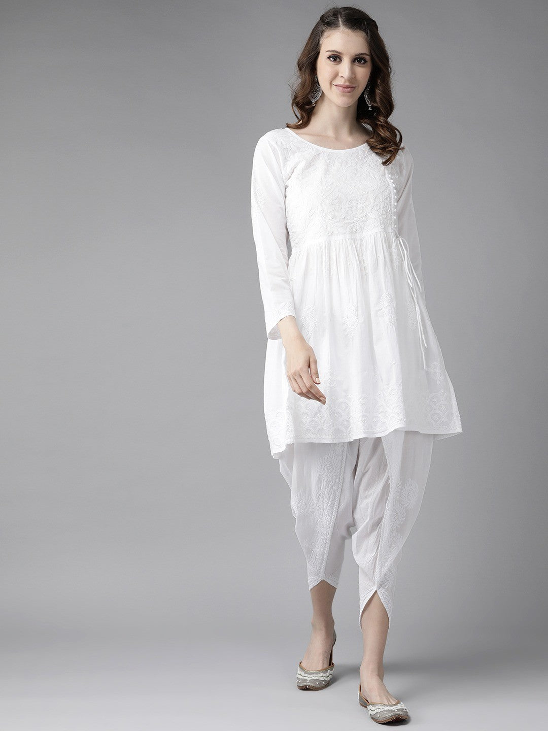 Ada Hand Embroidered White Cotton Lucknowi Chikankari Kurta With Dhoti Set A811180