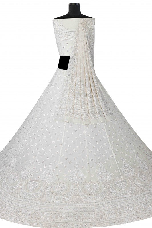 Ada Hand Embroidered White Pure Georgette Lucknowi Chikankari Lehenga Set With Zari Work A624444