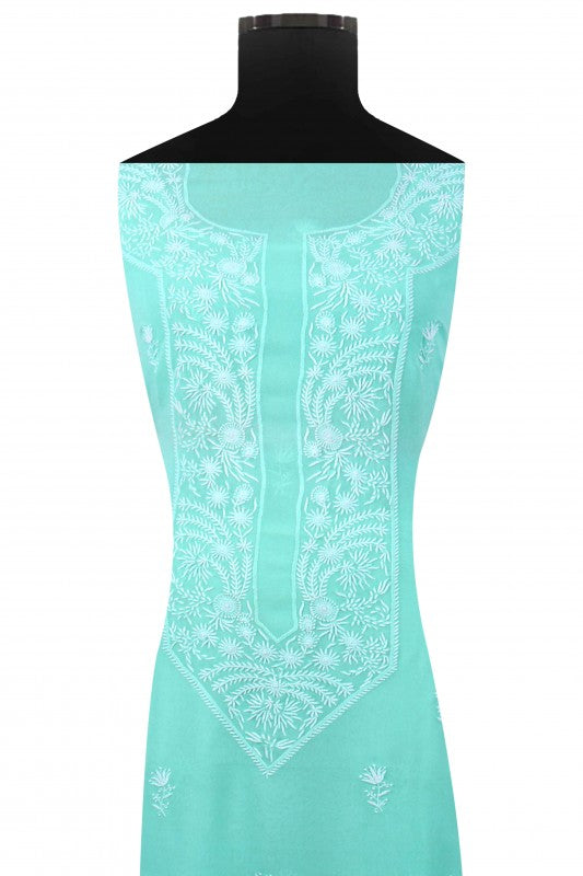 Ada Hand Embroidered Sea Green Pure Georgette Lucknowi Chikan Unstitched Kurta Piece A114903