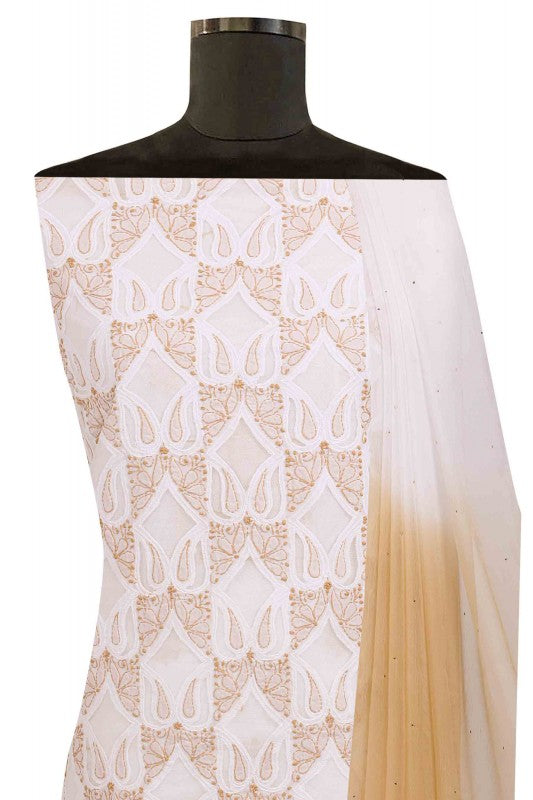 Ada Hand Embroidered White Cotton Lucknowi Chikan Unstitched Suit Piece A609676