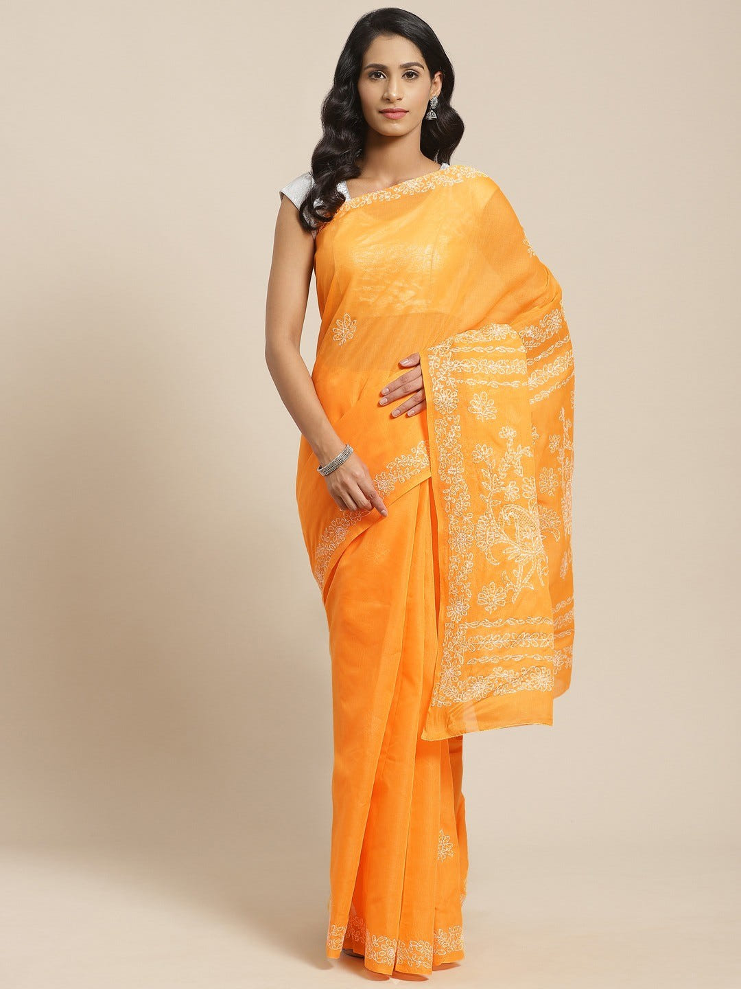 Ada Hand Embroidered Mustard Cotton Lucknow Chikan Saree With Blouse A311128