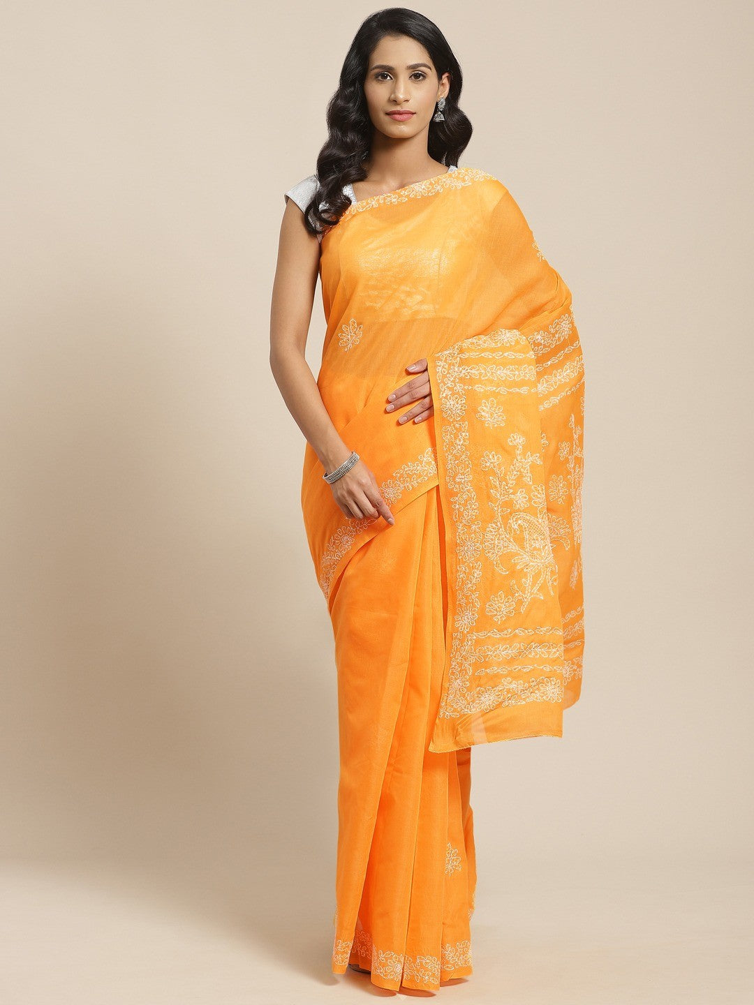 Ada Hand Embroidered Mustard Cotton Lucknow Chikan Saree With Blouse A311128