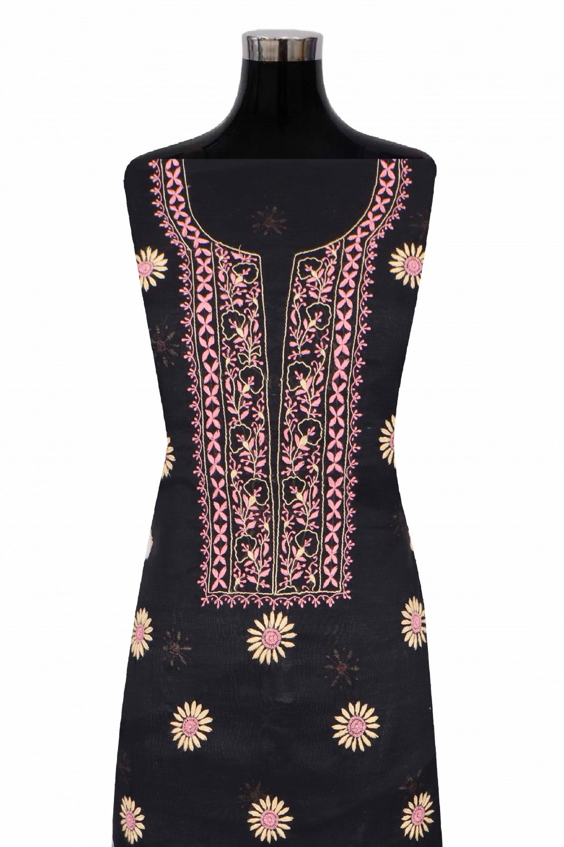 Ada Hand Embroidered Black Chanderi Lucknowi Chikan Unstitched Kurta Dupatta Set A609249