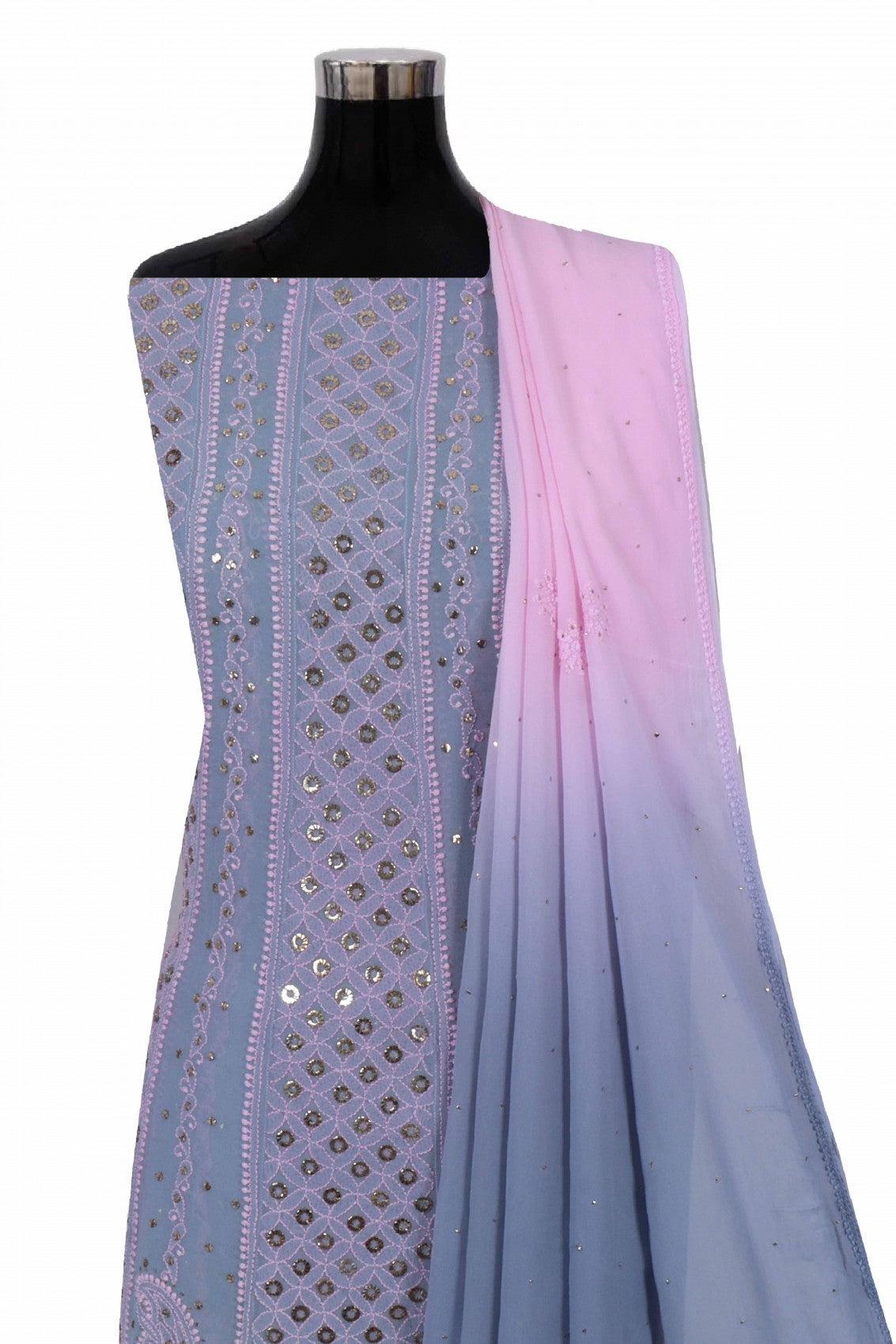Ada Hand Embroidered Grey Georgette Lucknowi Chikankari Semi-Stitched Anarkali Kurta Dupatta Set With Muqaish Work A584097