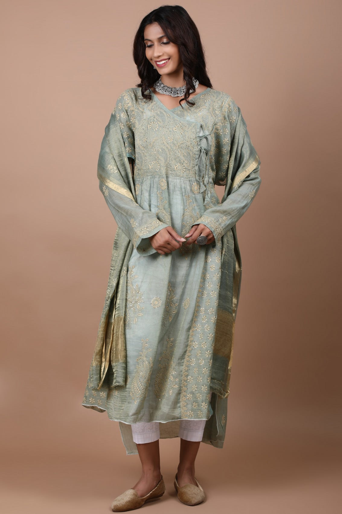 Ada Hand Embroidered Pickle Green Tissue Lucknowi Chikankari Semi-stitched Kurta Dupatta Set With Muqaish Work 01A189051