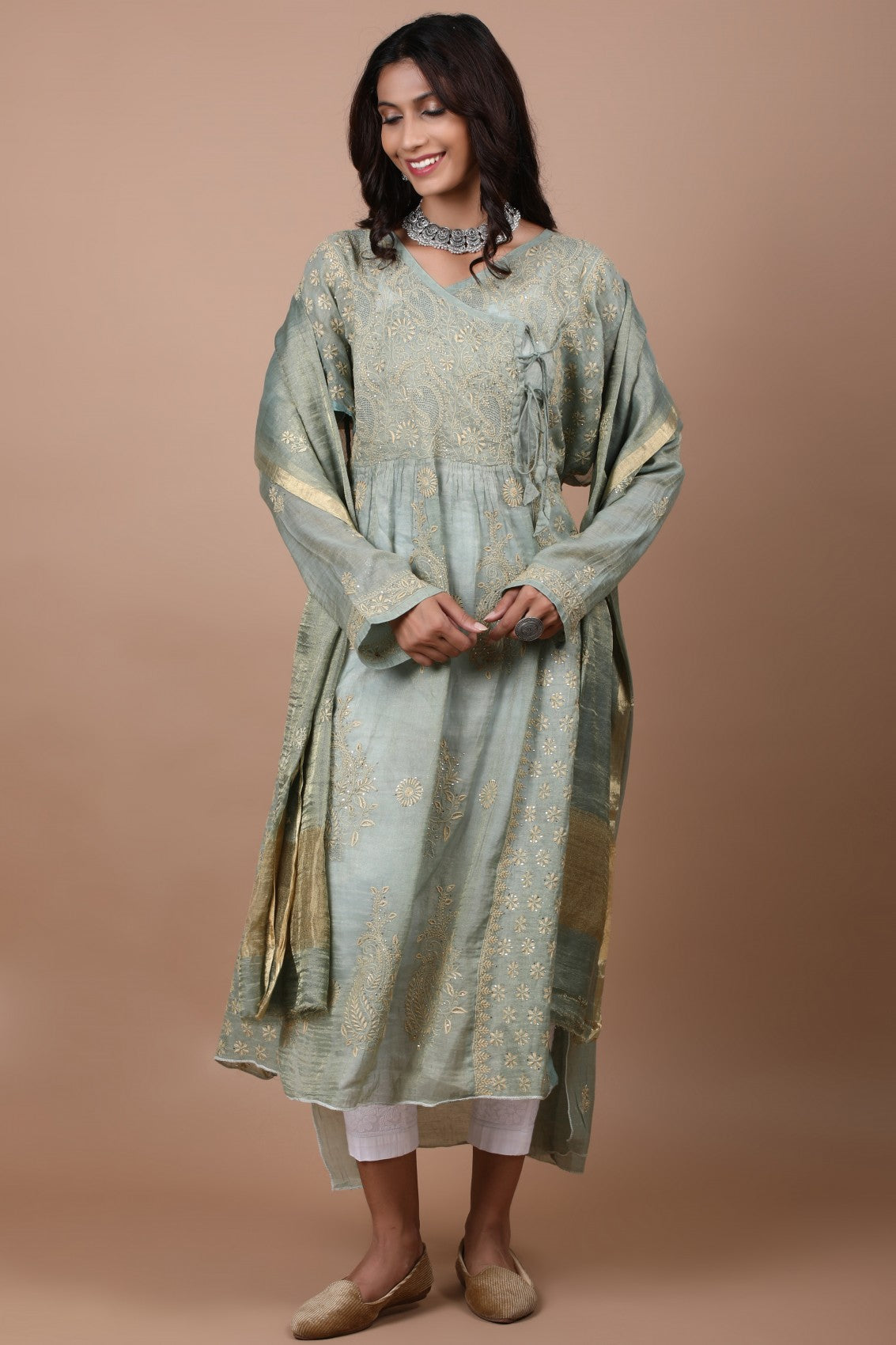 Ada Hand Embroidered Pickle Green Tissue Lucknowi Chikankari Semi-stitched Kurta Dupatta Set With Muqaish Work 01A189051