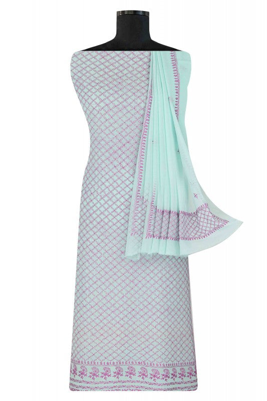 Ada Hand Embroidered Sea Green Pure Georgette Lucknowi Chikan Unstitched Kurta Dupatta Set A292109