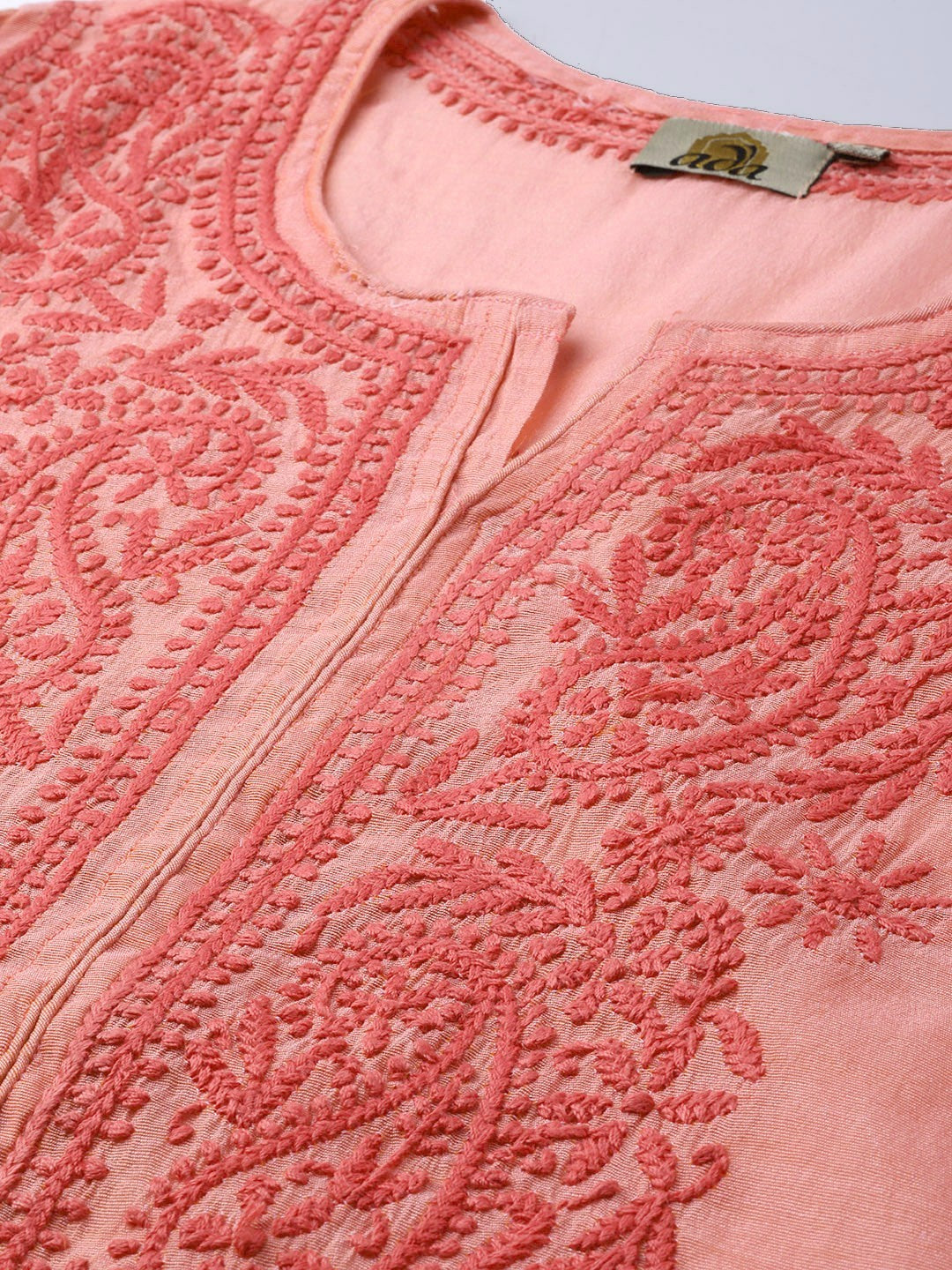 Ada Hand Embroidered Peach Chanderi Lucknowi Chikankari Straight Kurta A100476
