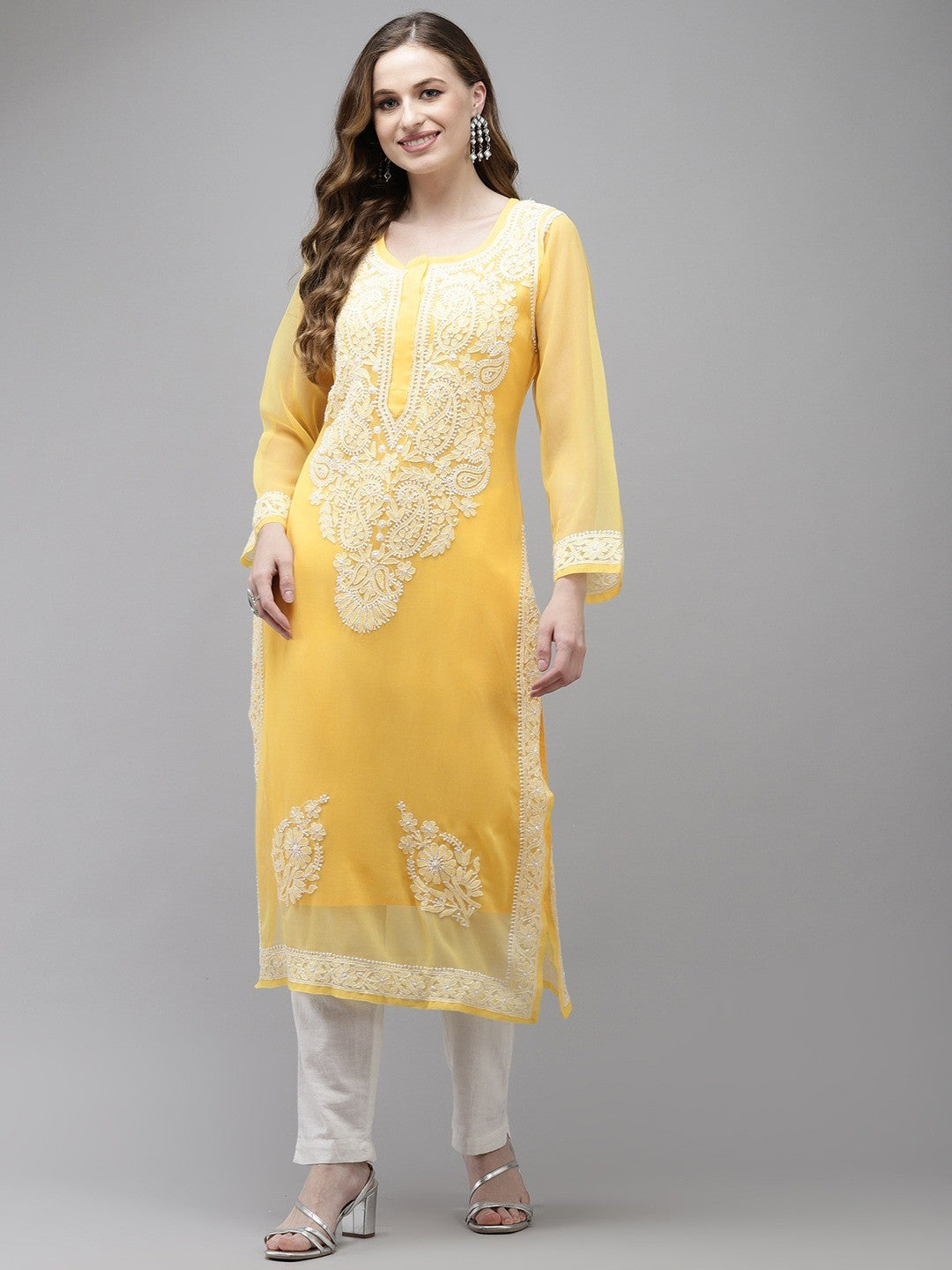 Ada Hand Embroidered Yellow Georgette Lucknow Chikan Kurta with Slip A411359