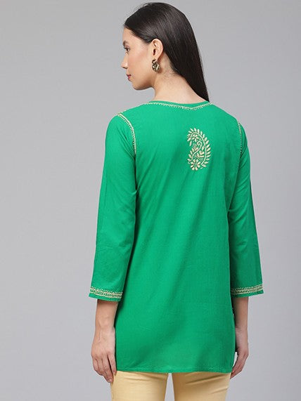 Ada Hand Embroidered Green Cotton Lucknowi Chikankari Straight Kurti A250627