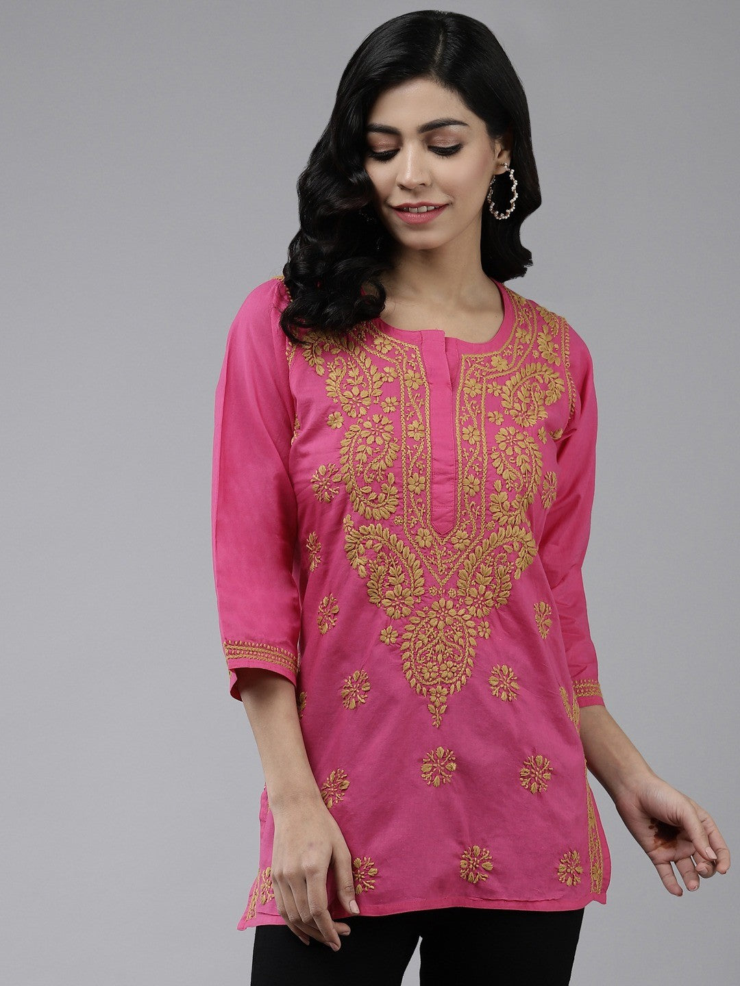 Ada Hand Embroidered Pink Cotton Lucknowi Chikankari Short Kurti  A911188