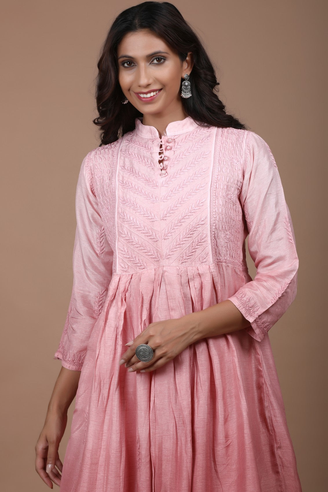 Ada Hand Embroidered Dusty Peach Chanderi Lucknowi Chikankari A-Line Kurta 01A278816