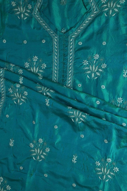 Ada Hand Embroidered Teal Blue Tusser Silk Lucknowi Chikan Semi-Stitched Kurta Piece - A631956