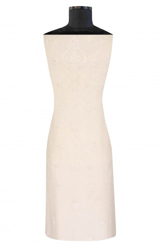Ada Hand Embroidered White Pure Georgette Lucknowi Chikan Unstitched Kurta Dupatta Set With Pearl Work-A621919