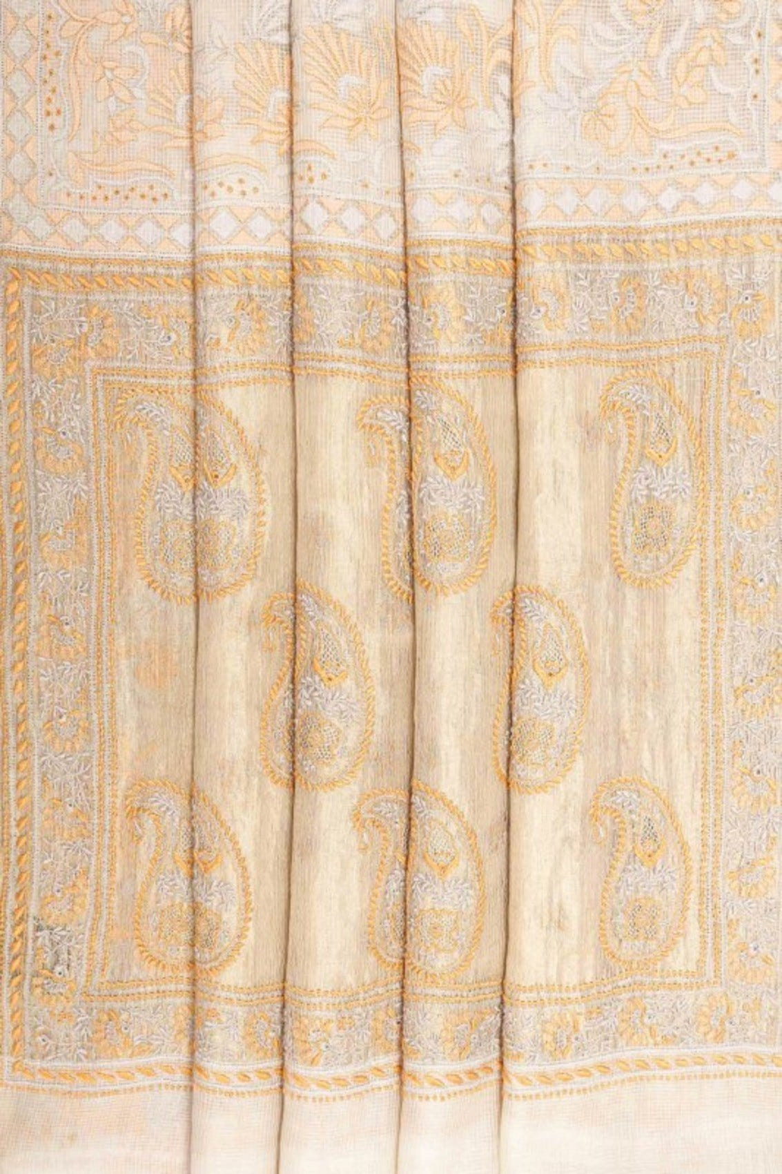 Ada Hand Embroidered Cream Chanderi Lucknowi Chikankari Saree With Blouse A148719